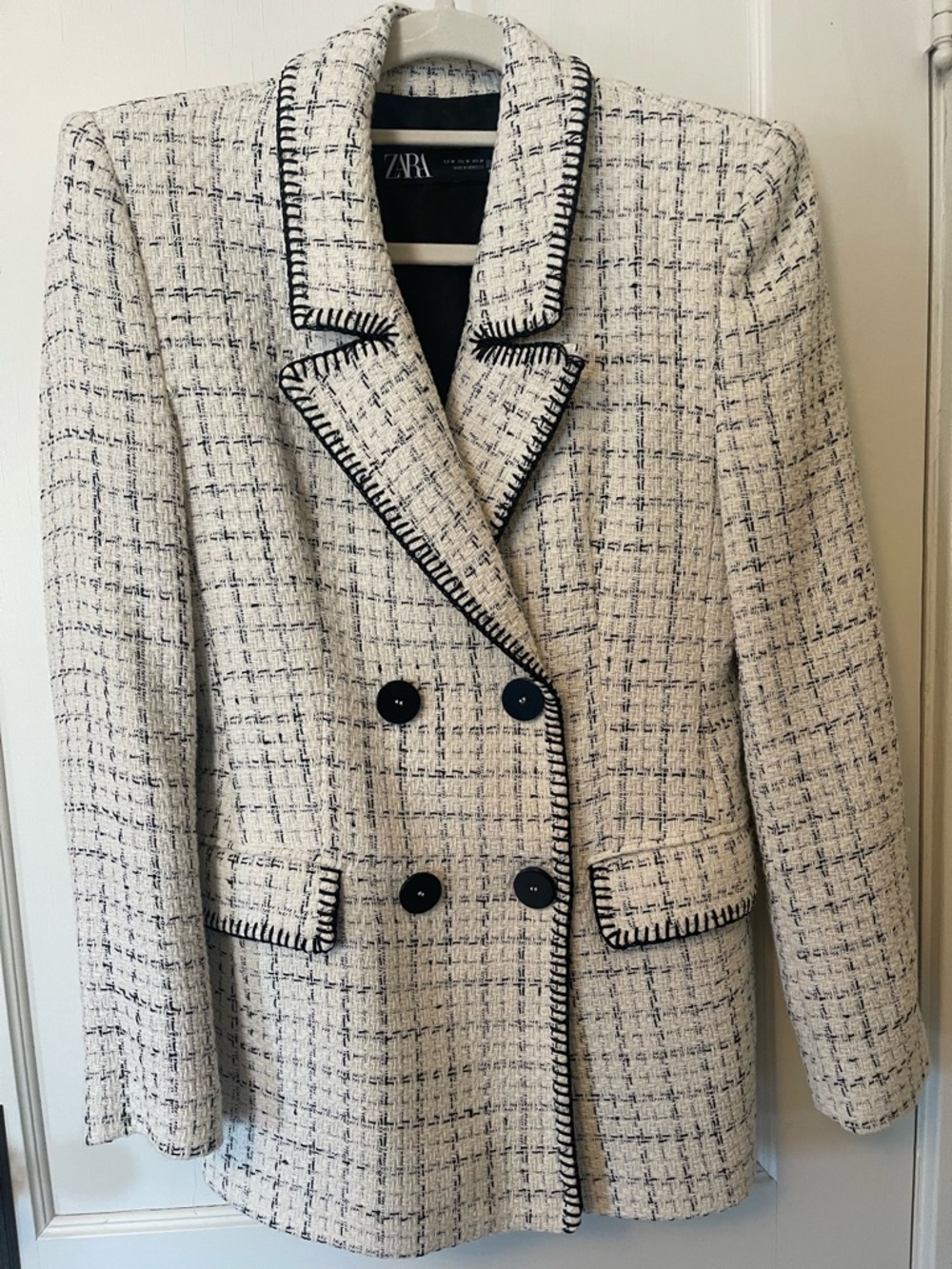 Zara Cream Tweed Blazer with Black Trim